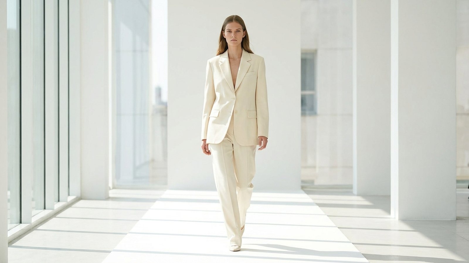 A model walking a bare runway mid-stride before a show