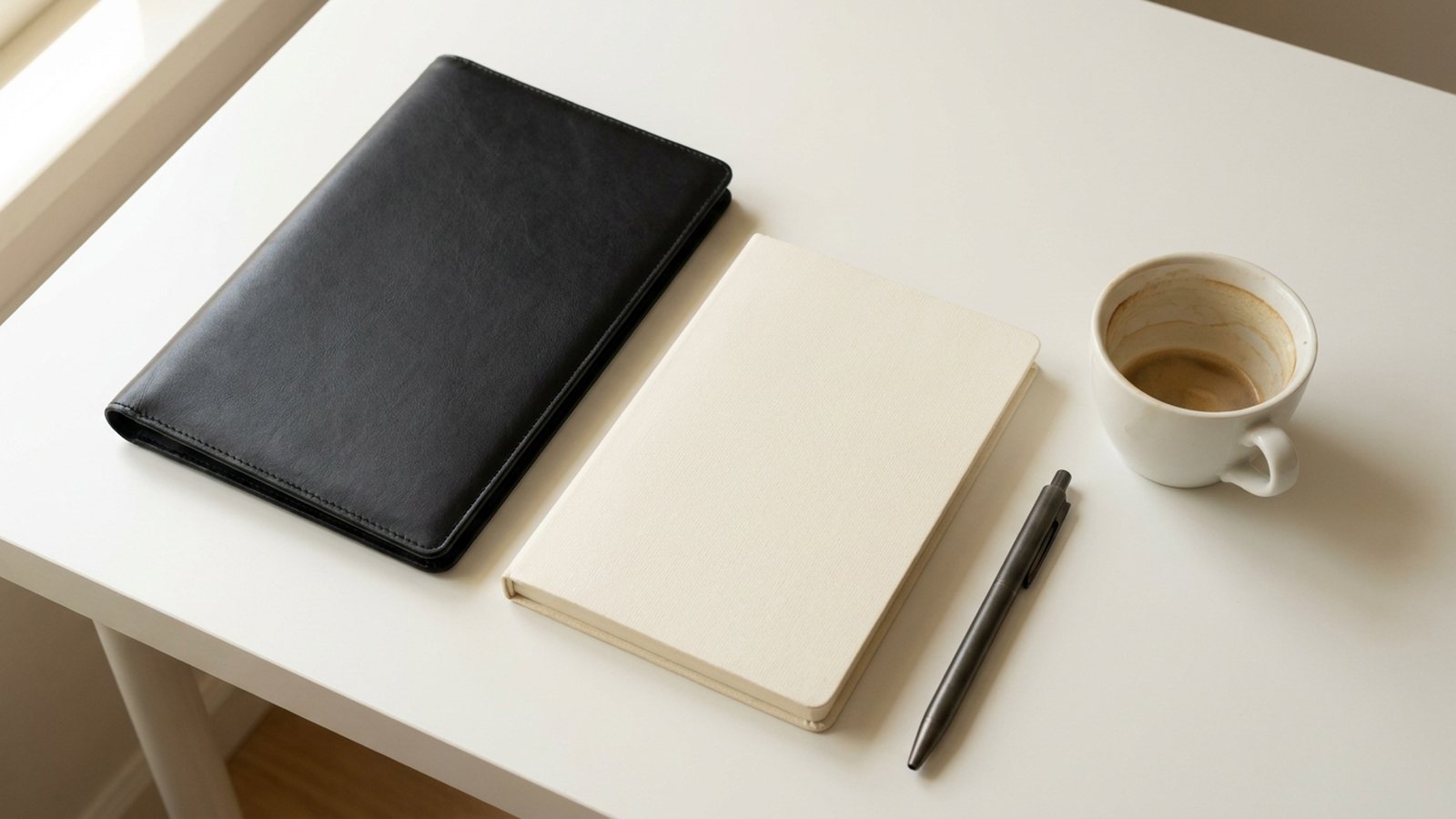 An open modeling portfolio and printed test shots laid out on a table