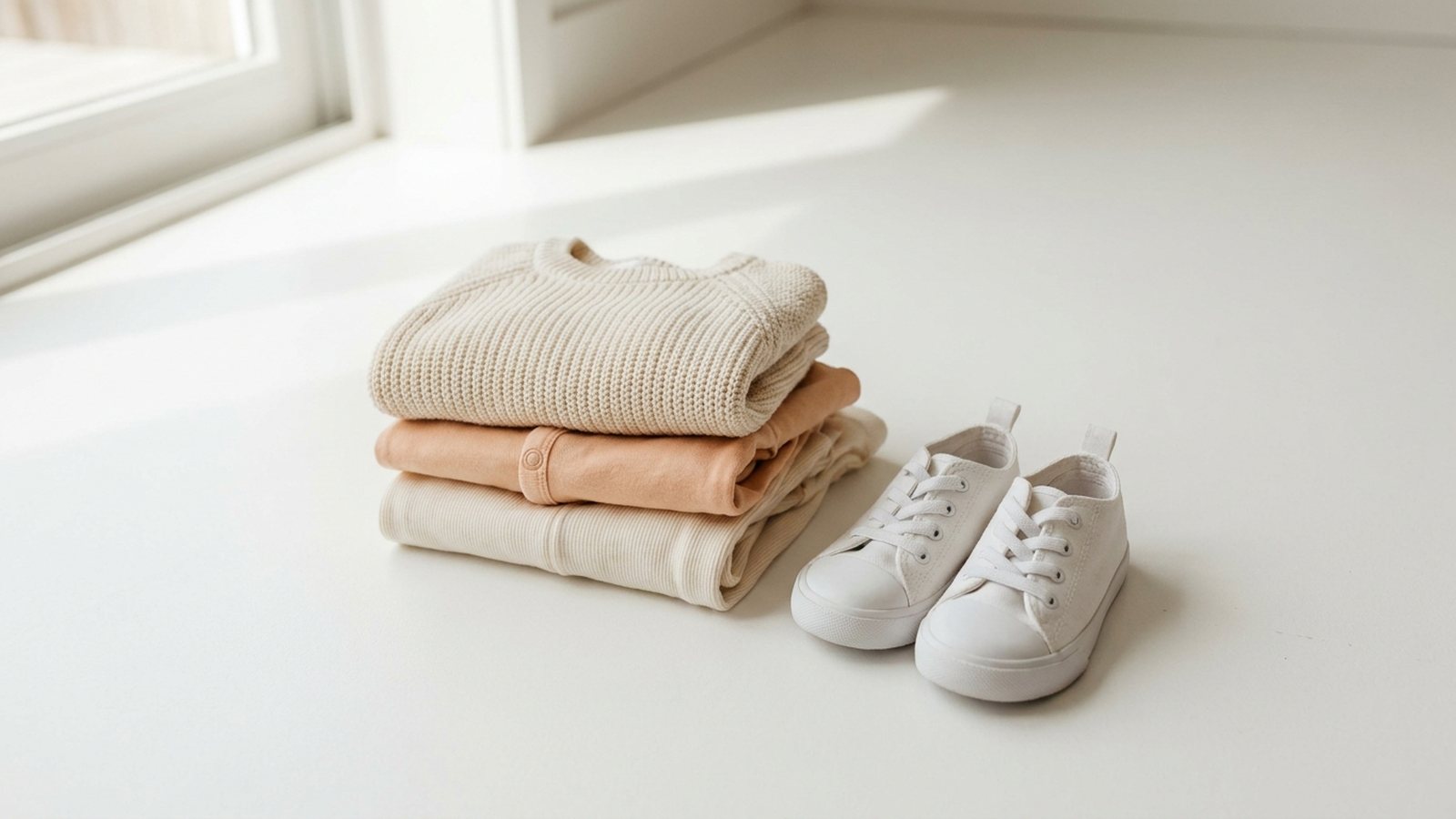 Children's shoes, a folded jumper and a portfolio folder on a studio floor