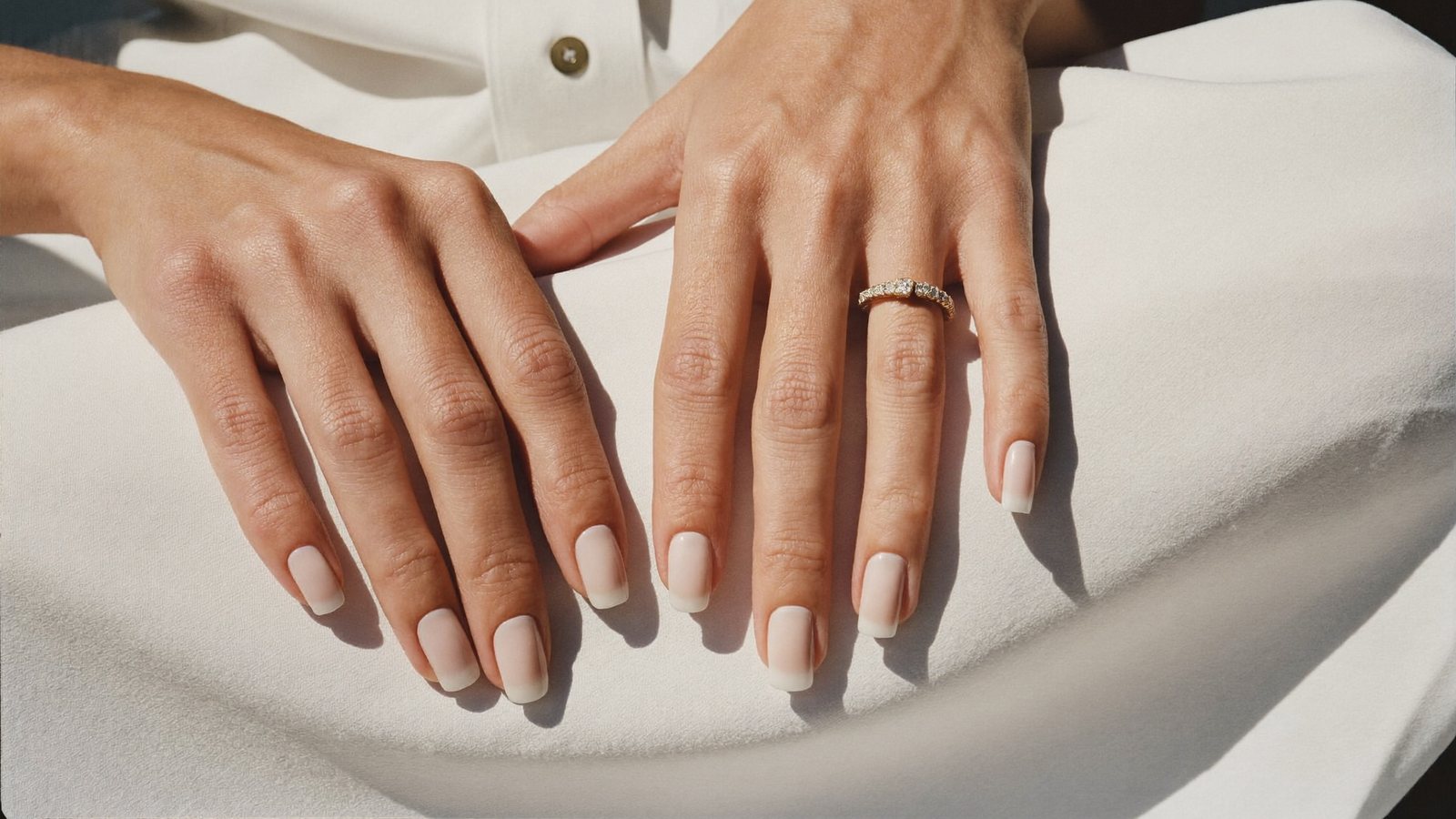 Close up of a hand model's hands resting on cream linen