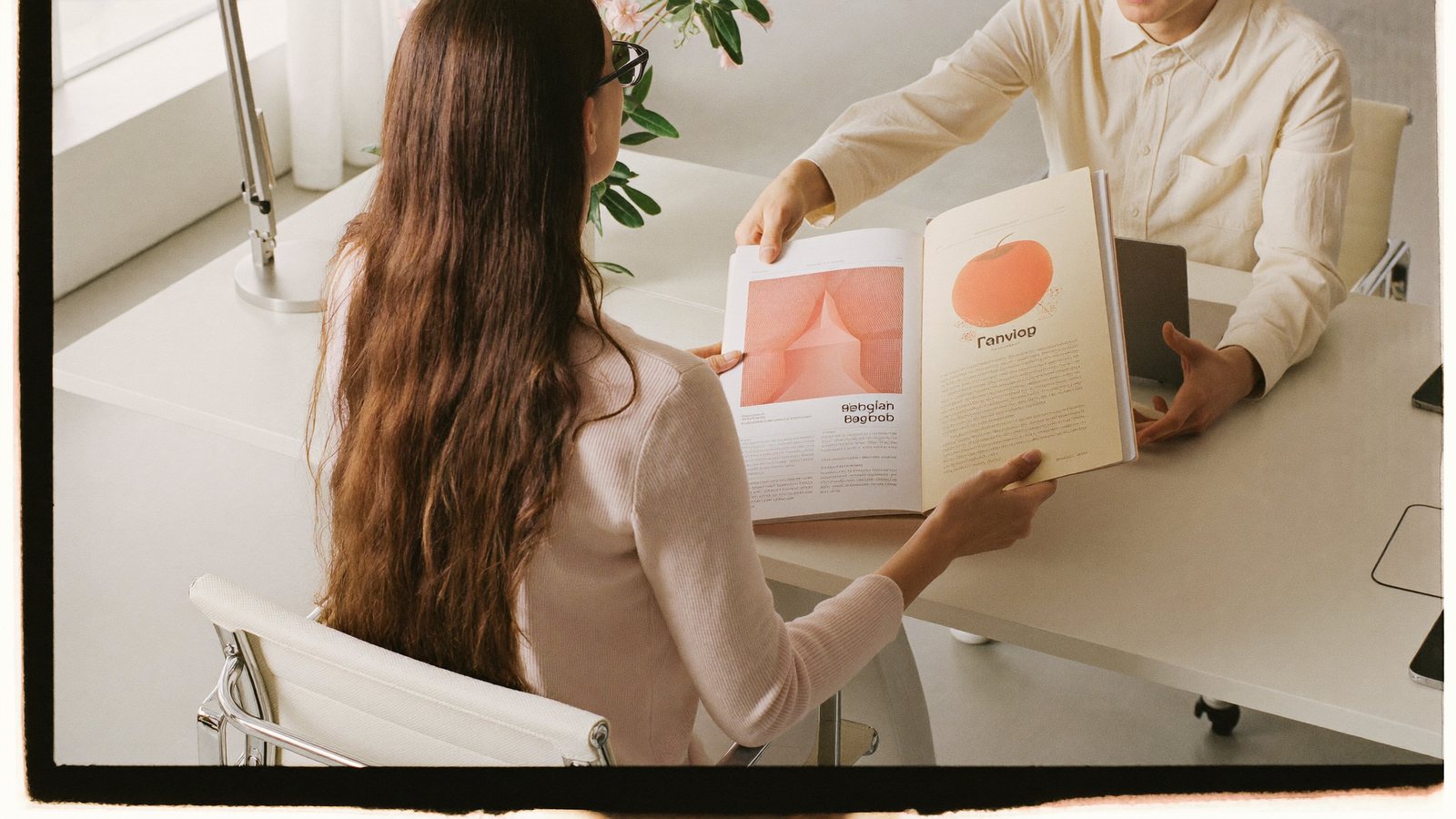 A model meeting an agent across a desk with a portfolio open between them