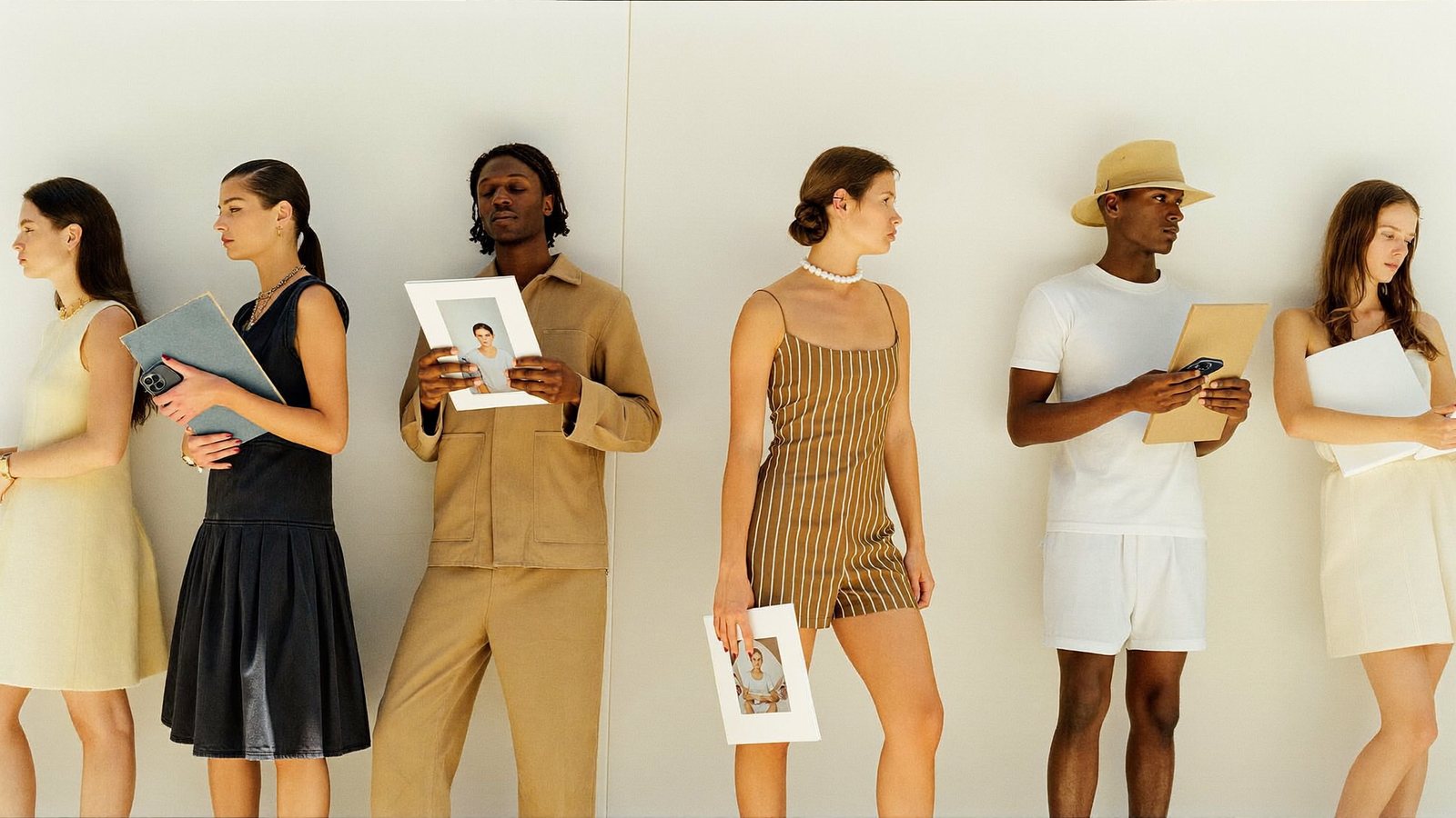 Models waiting along a wall at a casting call holding headshots